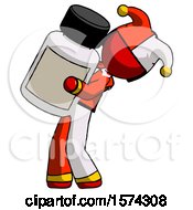 Red Jester Joker Man Holding Large White Medicine Bottle