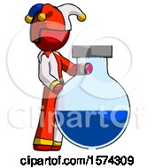 Red Jester Joker Man Standing Beside Large Round Flask Or Beaker