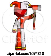 Red Jester Joker Man Holding Up Red Firefighters Ax
