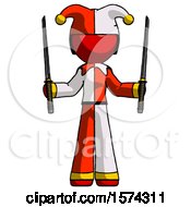 Red Jester Joker Man Posing With Two Ninja Sword Katanas Up
