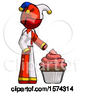 Poster, Art Print Of Red Jester Joker Man With Giant Cupcake Dessert