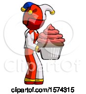 Poster, Art Print Of Red Jester Joker Man Holding Large Cupcake Ready To Eat Or Serve
