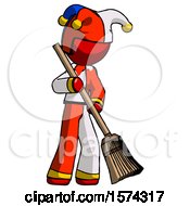 Poster, Art Print Of Red Jester Joker Man Sweeping Area With Broom