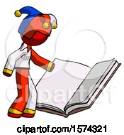 Red Jester Joker Man Reading Big Book While Standing Beside It