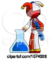 Poster, Art Print Of Red Jester Joker Man Holding Test Tube Beside Beaker Or Flask