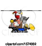 Poster, Art Print Of Red Jester Joker Man Flying In Gyrocopter Front Side Angle View
