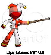 Red Jester Joker Man Bo Staff Pointing Right Kung Fu Pose
