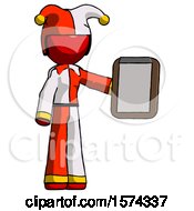 Poster, Art Print Of Red Jester Joker Man Showing Clipboard To Viewer