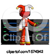 Poster, Art Print Of Red Jester Joker Man With Server Racks In Front Of Two Networked Systems