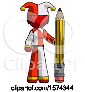Poster, Art Print Of Red Jester Joker Man With Large Pencil Standing Ready To Write