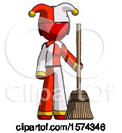 Red Jester Joker Man Standing With Broom Cleaning Services