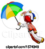 Poster, Art Print Of Red Jester Joker Man Flying With Rainbow Colored Umbrella