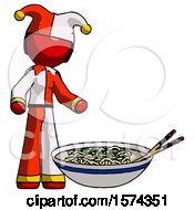 Poster, Art Print Of Red Jester Joker Man And Noodle Bowl Giant Soup Restaraunt Concept