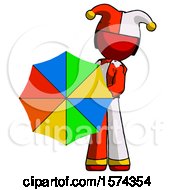 Poster, Art Print Of Red Jester Joker Man Holding Rainbow Umbrella Out To Viewer