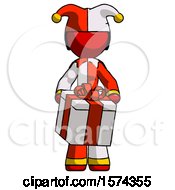 Poster, Art Print Of Red Jester Joker Man Gifting Present With Large Bow Front View