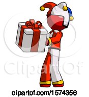Poster, Art Print Of Red Jester Joker Man Presenting A Present With Large Red Bow On It