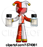 Poster, Art Print Of Red Jester Joker Man Holding Two Medicine Bottles