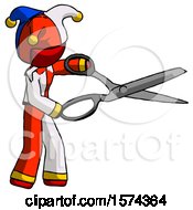 Poster, Art Print Of Red Jester Joker Man Holding Giant Scissors Cutting Out Something