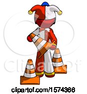 Red Jester Joker Man Holding A Traffic Cone