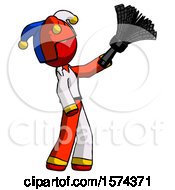 Poster, Art Print Of Red Jester Joker Man Dusting With Feather Duster Upwards