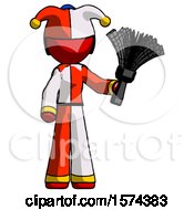 Poster, Art Print Of Red Jester Joker Man Holding Feather Duster Facing Forward