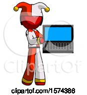 Red Jester Joker Man Holding Laptop Computer Presenting Something On Screen