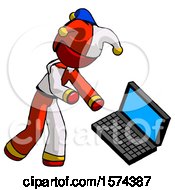 Poster, Art Print Of Red Jester Joker Man Throwing Laptop Computer In Frustration