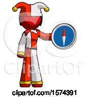 Poster, Art Print Of Red Jester Joker Man Holding A Large Compass