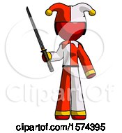 Poster, Art Print Of Red Jester Joker Man Standing Up With Ninja Sword Katana