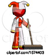Red Jester Joker Man Standing With Industrial Broom