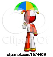 Red Jester Joker Man Holding Umbrella Rainbow Colored
