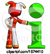 Poster, Art Print Of Red Jester Joker Man With Info Symbol Leaning Up Against It
