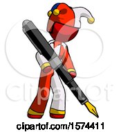 Poster, Art Print Of Red Jester Joker Man Drawing Or Writing With Large Calligraphy Pen