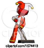 Poster, Art Print Of Red Jester Joker Man Cleaning Services Janitor Sweeping Floor With Push Broom