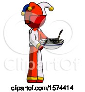 Red Jester Joker Man Holding Noodles Offering To Viewer