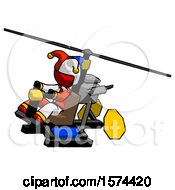 Poster, Art Print Of Red Jester Joker Man Flying In Gyrocopter Front Side Angle Top View