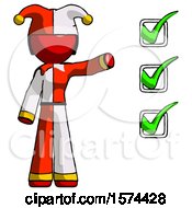 Poster, Art Print Of Red Jester Joker Man Standing By List Of Checkmarks