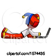 Poster, Art Print Of Red Jester Joker Man Using Laptop Computer While Lying On Floor Side View