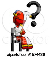 Poster, Art Print Of Red Jester Joker Man Question Mark Concept Sitting On Chair Thinking