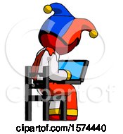 Poster, Art Print Of Red Jester Joker Man Using Laptop Computer While Sitting In Chair View From Back