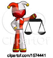 Poster, Art Print Of Red Jester Joker Man Holding Scales Of Justice