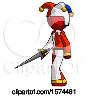 Poster, Art Print Of Red Jester Joker Man With Sword Walking Confidently