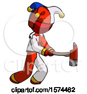 Poster, Art Print Of Red Jester Joker Man With Ax Hitting Striking Or Chopping