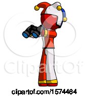 Red Jester Joker Man Holding Binoculars Ready To Look Left