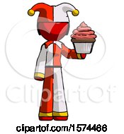Poster, Art Print Of Red Jester Joker Man Presenting Pink Cupcake To Viewer