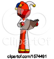 Poster, Art Print Of Red Jester Joker Man Reading Book While Standing Up Facing Away