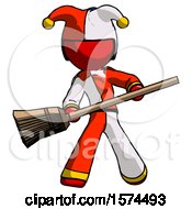 Poster, Art Print Of Red Jester Joker Man Broom Fighter Defense Pose