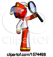 Poster, Art Print Of Red Jester Joker Man Inspecting With Large Magnifying Glass Facing Up