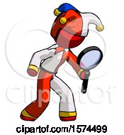 Poster, Art Print Of Red Jester Joker Man Inspecting With Large Magnifying Glass Right