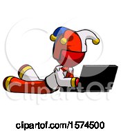 Poster, Art Print Of Red Jester Joker Man Using Laptop Computer While Lying On Floor Side Angled View